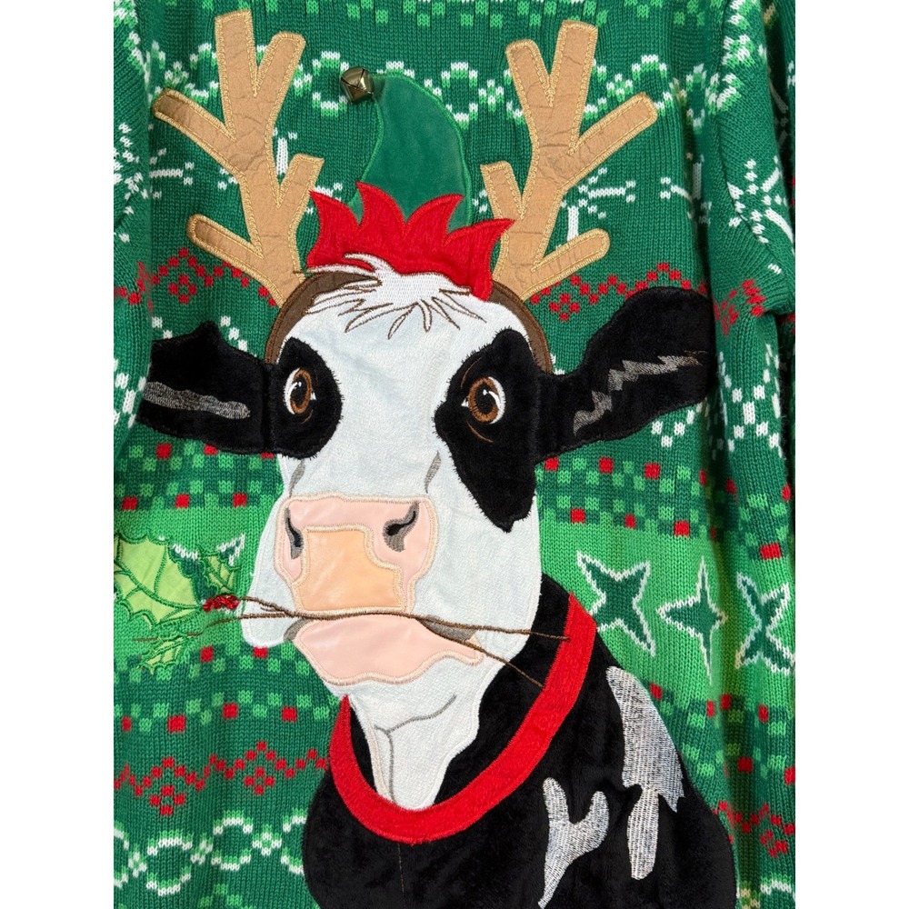 Mens XL Green Cow Reindeer Ugly Christmas Sweater Fair Isle Festive Kitsch Tacky